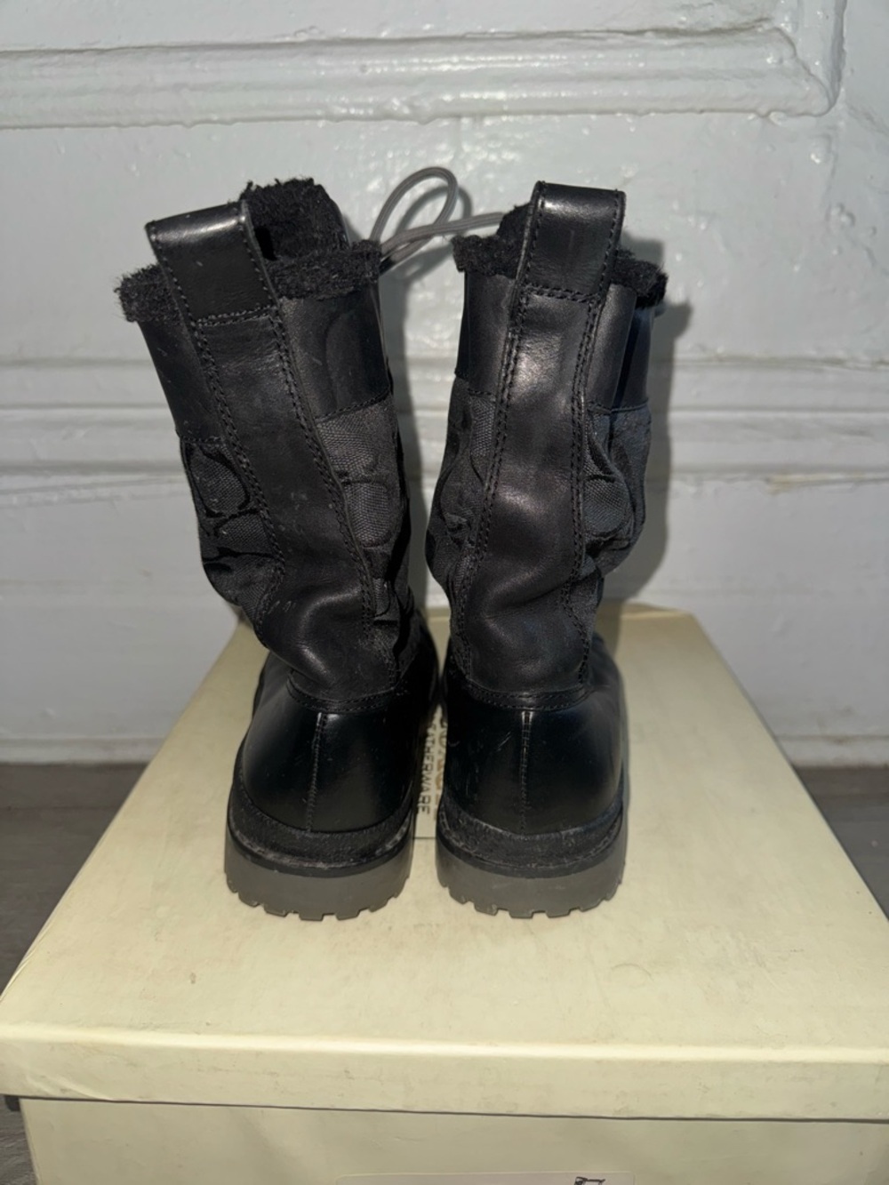 Coach Black Lace-Up Duck Boots with Gray Laces and Quilted Sides - Picture 6 of 6